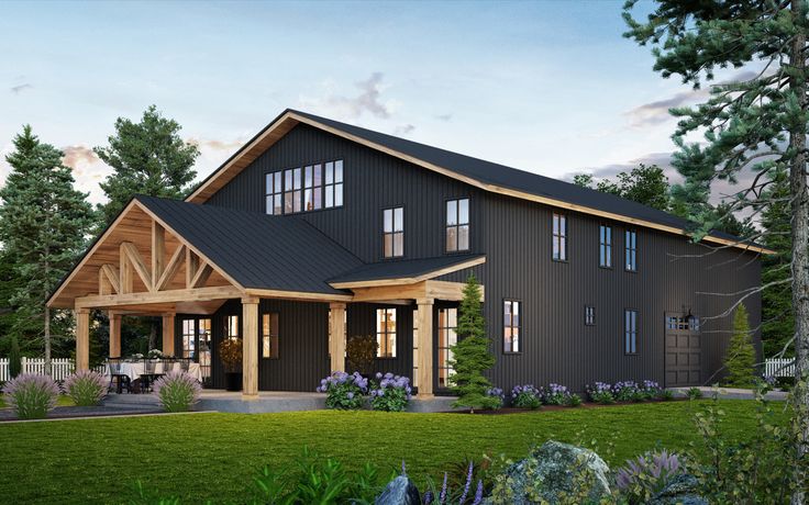 black barn house with wood trim