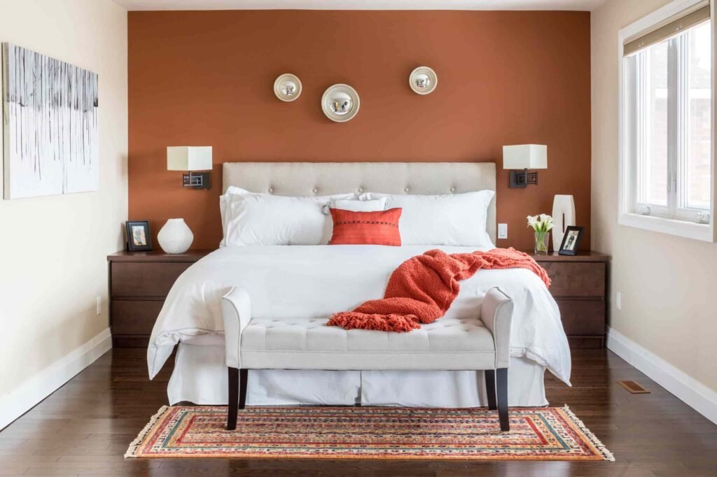 an image of a burnt orange bedroom that's best for mens bedroom
