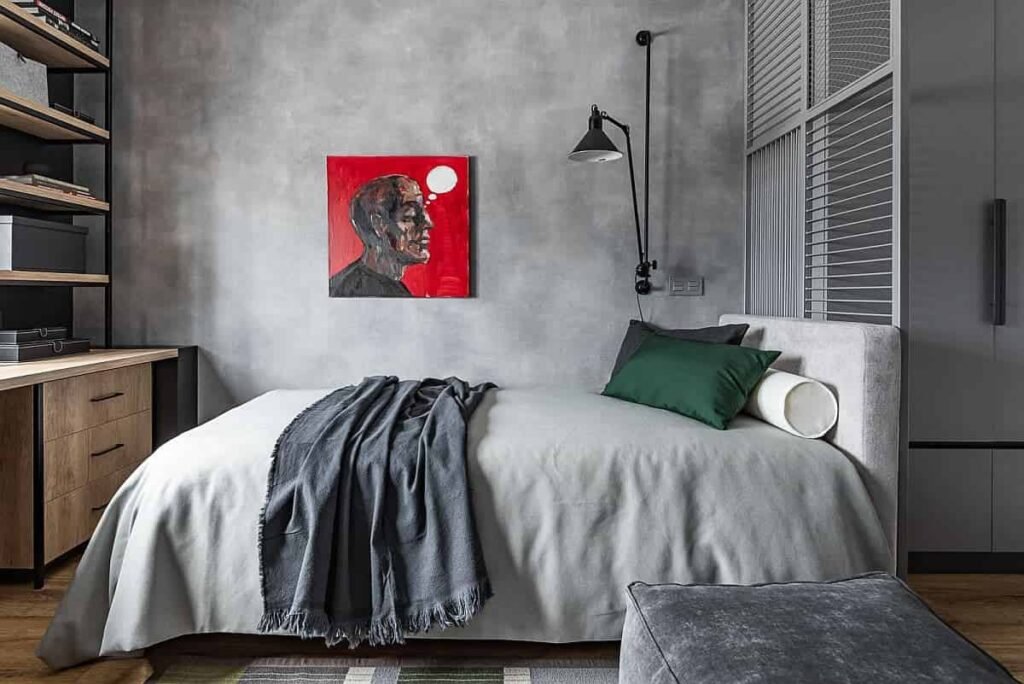 an image of a grey color bedroom with a poster on the wall, highly personalized for men