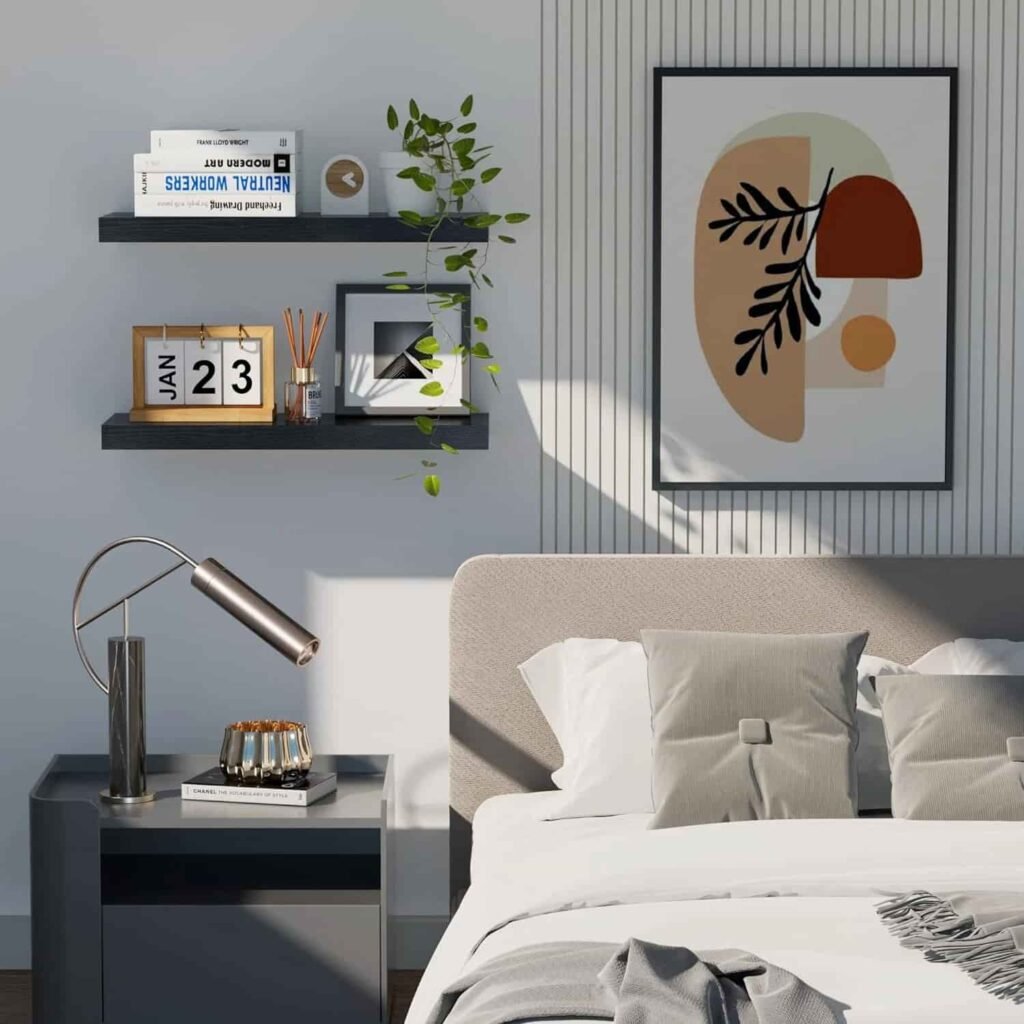 a wall mounted floating sheleve in a rustic bedroom