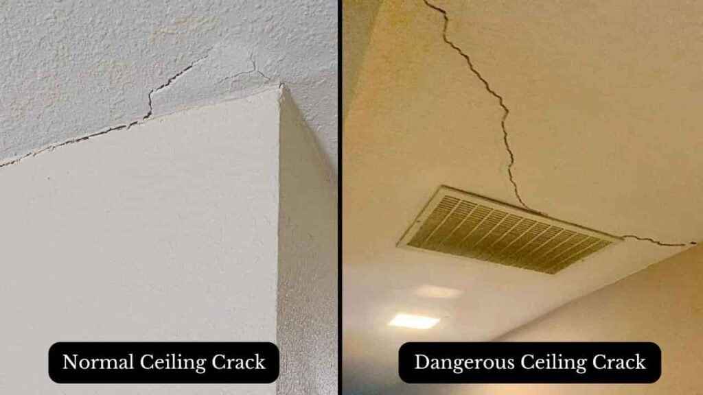 an image showing normal ceiling crack(L) and dangerous ceiling crack(R)